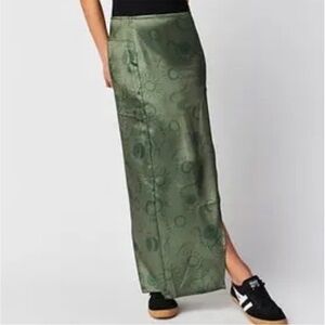 Free People 12 Skirt Serena Slim Maxi celestial green olive combo satin slit